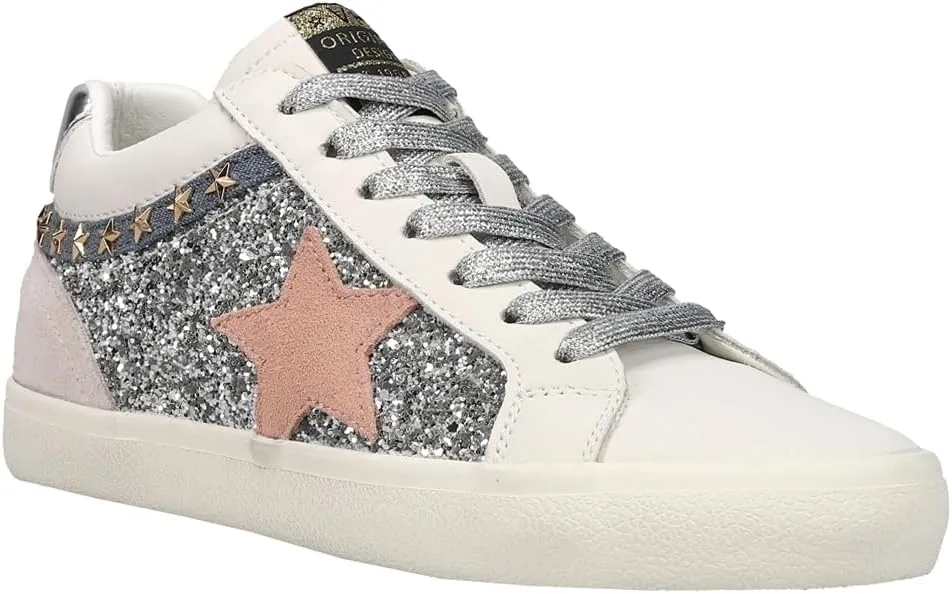 Vintage Havana Womens Bounce Metallic Glitter Lace Up Sneakers Shoes Casual - Pink, Silver, White