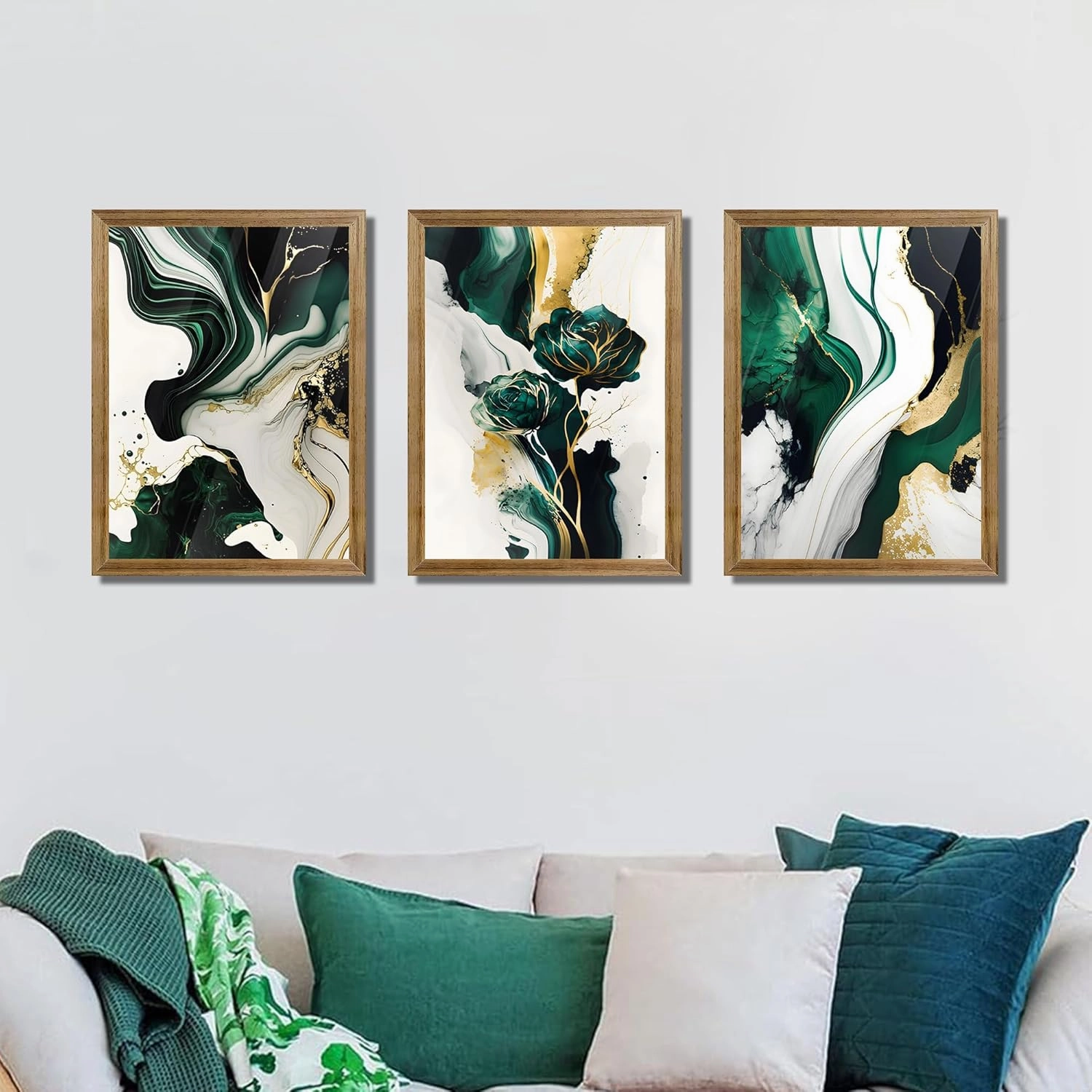 VisionaryBrush Framed Emerald Green Wall Art, Abstract Marbled Canvas Wall Decor, Modern Abstract Green and Gold Poster Print for Living Room Bedroom Office Aesthetic Picture 12x16 Inch 3 Pieces