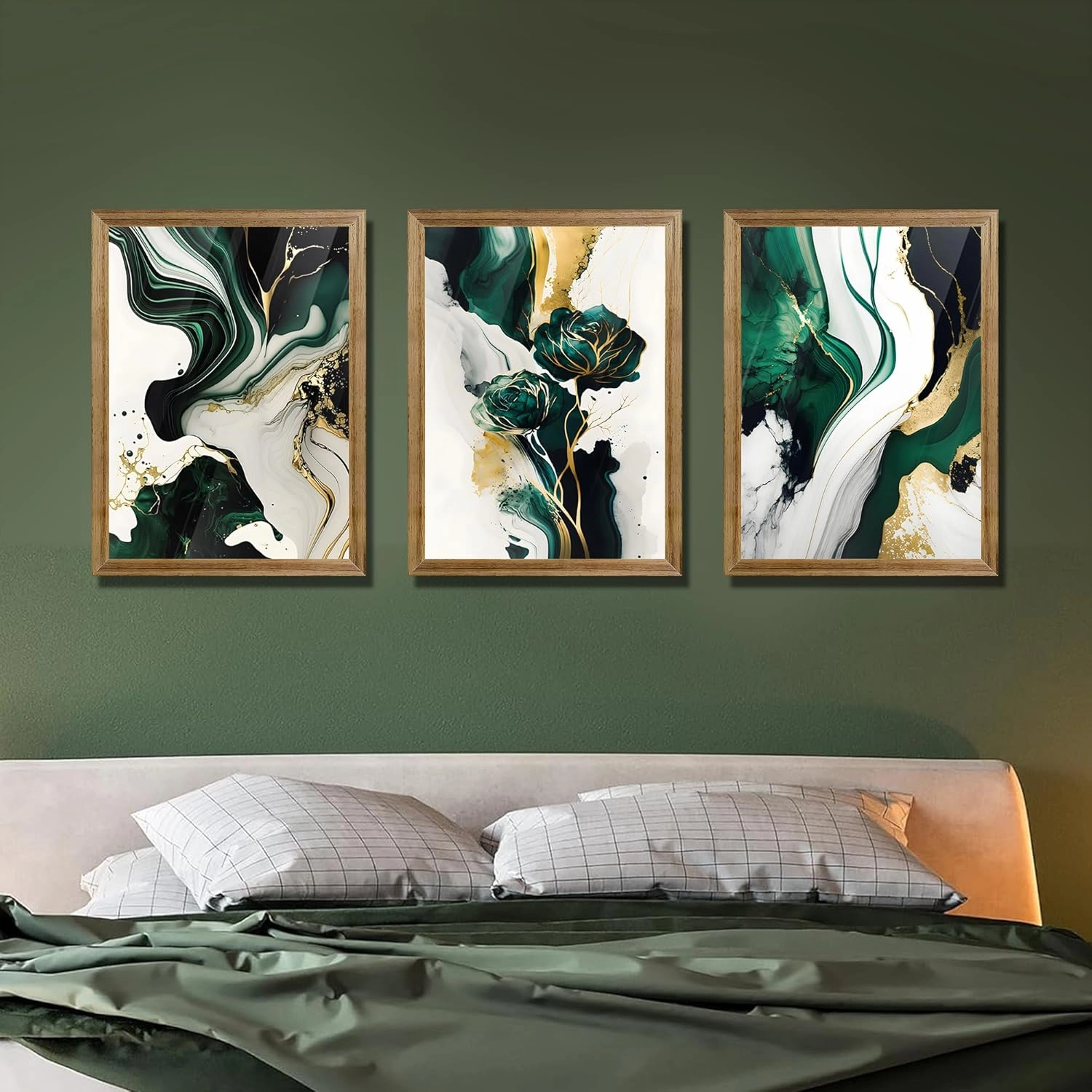 VisionaryBrush Framed Emerald Green Wall Art, Abstract Marbled Canvas Wall Decor, Modern Abstract Green and Gold Poster Print for Living Room Bedroom Office Aesthetic Picture 12x16 Inch 3 Pieces