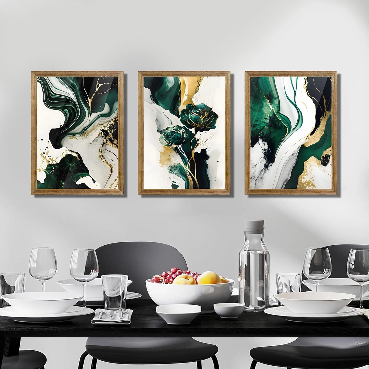 VisionaryBrush Framed Emerald Green Wall Art, Abstract Marbled Canvas Wall Decor, Modern Abstract Green and Gold Poster Print for Living Room Bedroom Office Aesthetic Picture 12x16 Inch 3 Pieces