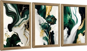 VisionaryBrush Framed Emerald Green Wall Art, Abstract Marbled Canvas Wall Decor, Modern Abstract Green and Gold Poster Print for Living Room Bedroom Office Aesthetic Picture 12x16 Inch 3 Pieces