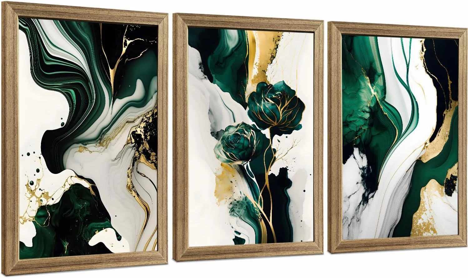 VisionaryBrush Framed Emerald Green Wall Art, Abstract Marbled Canvas Wall Decor, Modern Abstract Green and Gold Poster Print for Living Room Bedroom Office Aesthetic Picture 12x16 Inch 3 Pieces