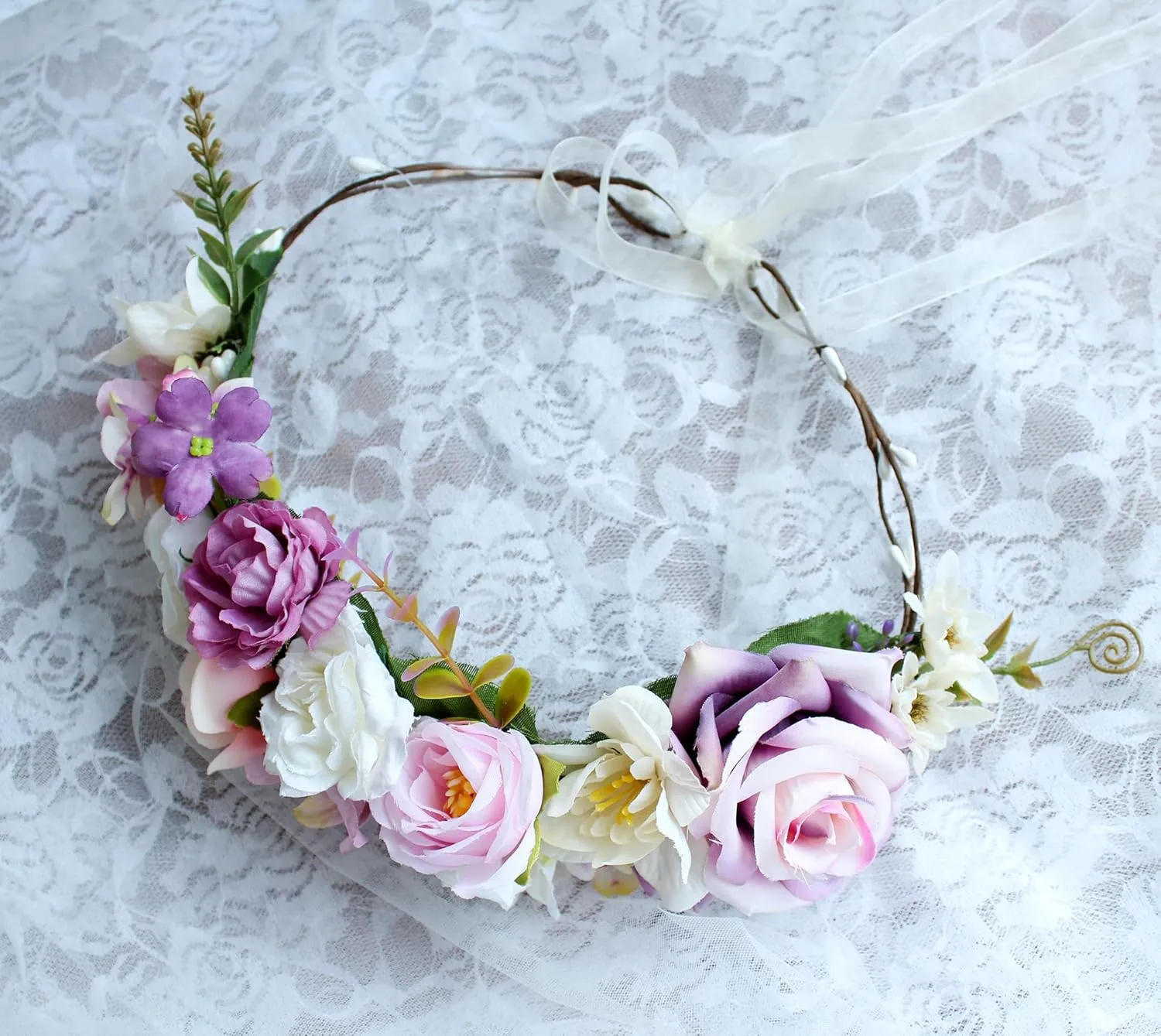 Vivivalue Women Flower Crown Rose Floral Headband Hair Wreath Flower Headpiece Halo Boho with Ribbon Wedding Party Festival Photos