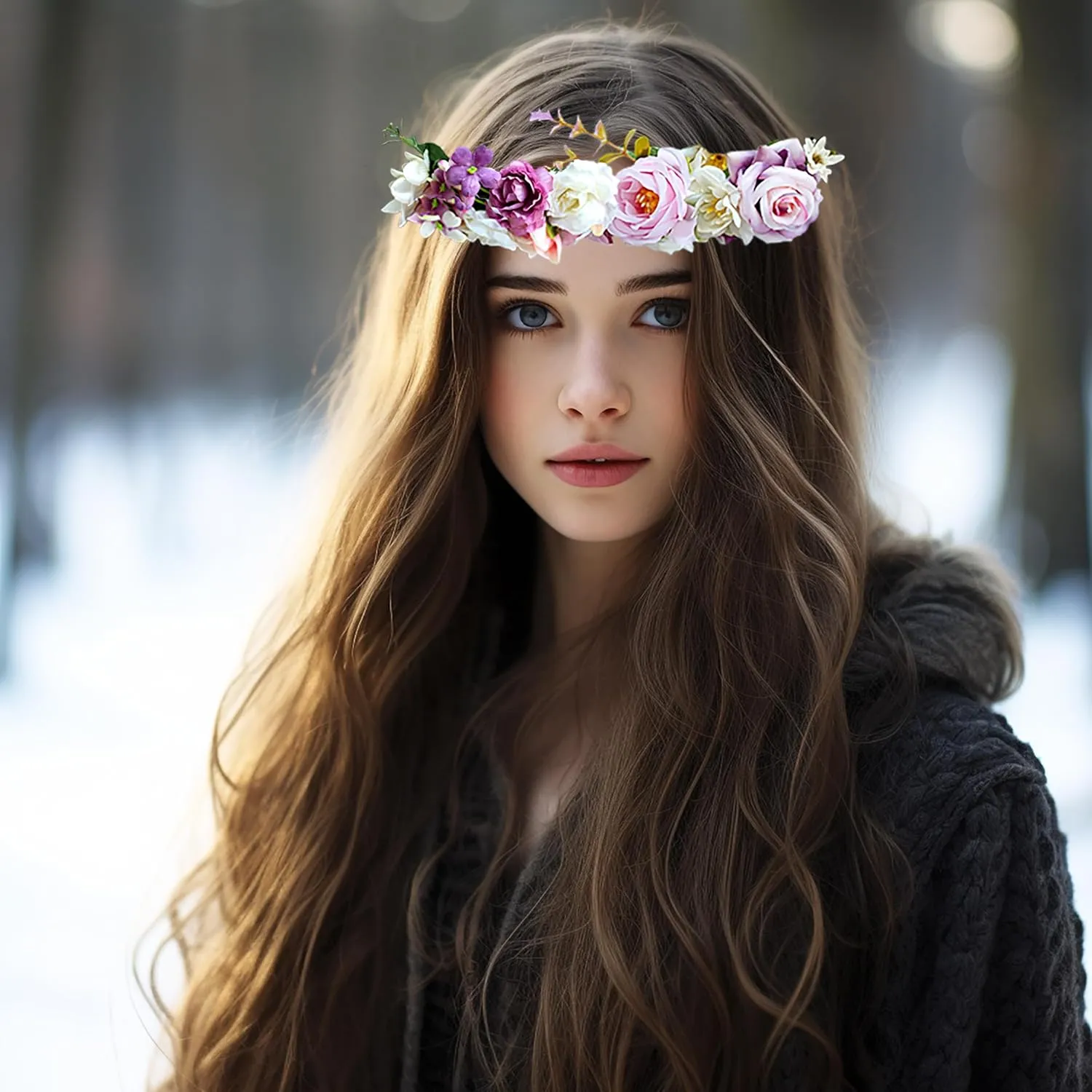 Vivivalue Women Flower Crown Rose Floral Headband Hair Wreath Flower Headpiece Halo Boho with Ribbon Wedding Party Festival Photos