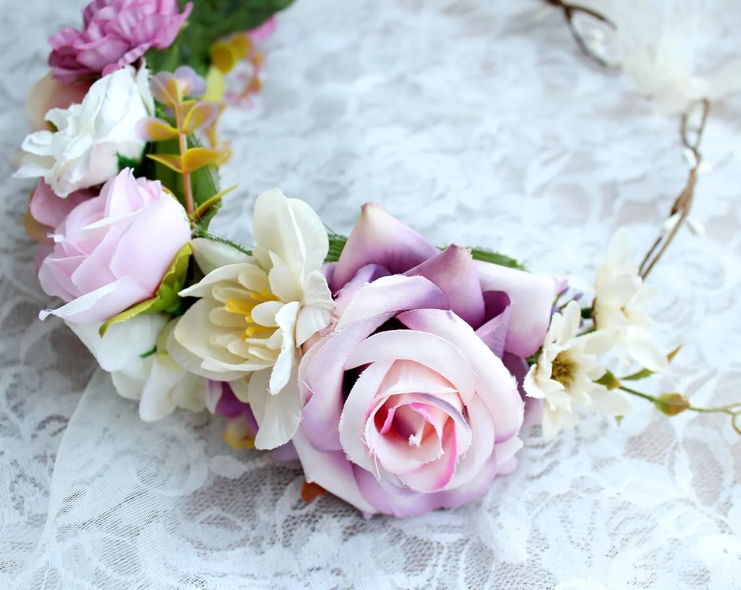 Vivivalue Women Flower Crown Rose Floral Headband Hair Wreath Flower Headpiece Halo Boho with Ribbon Wedding Party Festival Photos