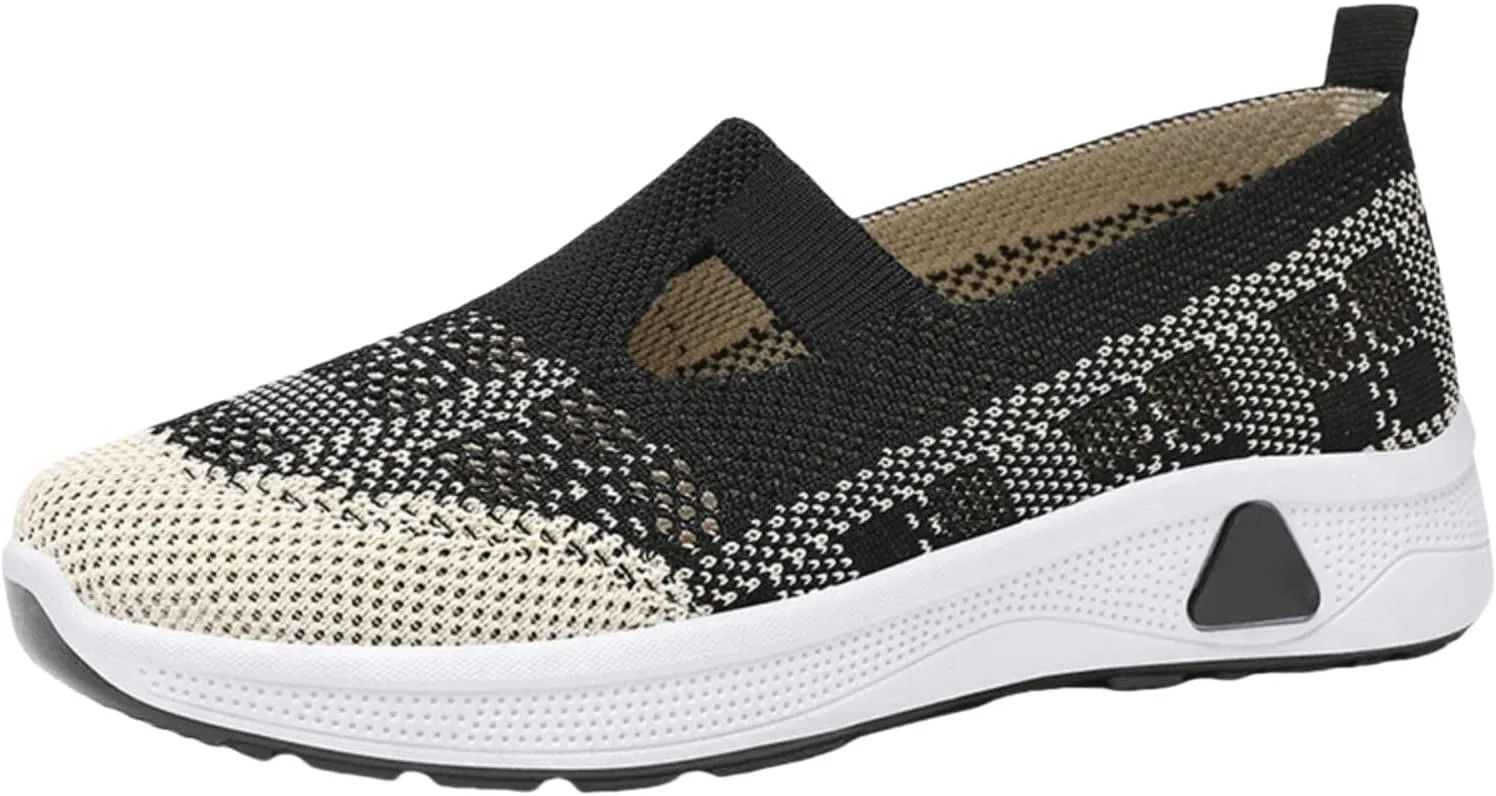 Walking Sneakers for Women Comfortable Breathable Knitted Sneakers Casual Slip on Woven Cut-Out Orthopedic Soft Arch Support Shoes Lightweight Knit Loafer