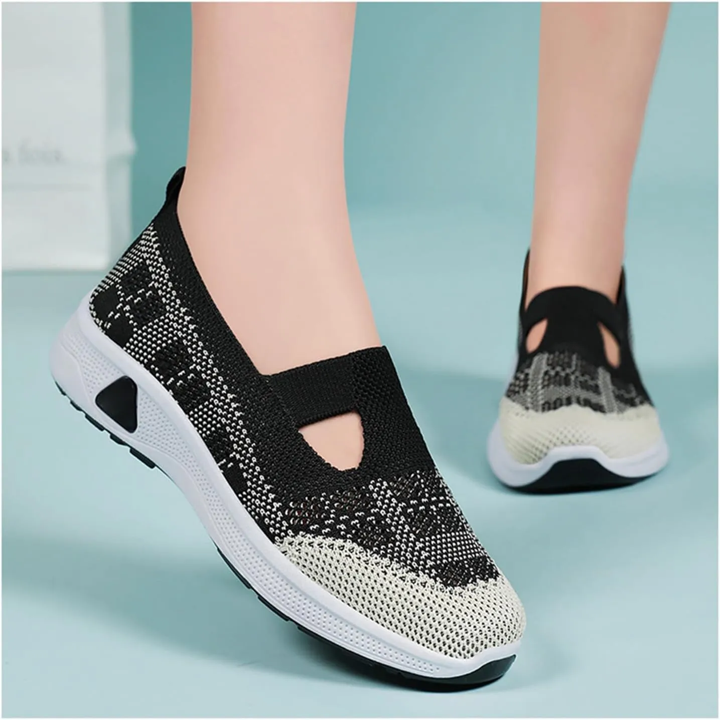 Walking Sneakers for Women Comfortable Breathable Knitted Sneakers Casual Slip on Woven Cut-Out Orthopedic Soft Arch Support Shoes Lightweight Knit Loafer