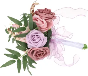 Wedding Bouquet Prop Handmade Lace Satin Ribbon Rose Greenery Bridal Artificial Flower Bouquet for Wedding Party Home Decoration Light