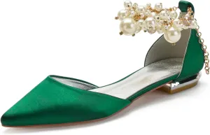 Wedding Bridal Shoes Beaded Ankle Strap Low Heels Women's Pumps Pointed Toe Closed Toe Sandal 2CM High Heels Satin Flats Elegant Formal,Dark green,8