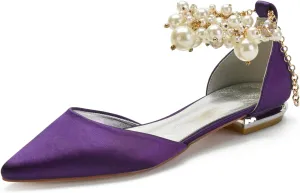 Wedding Bridal Shoes Beaded Ankle Strap Low Heels Women's Pumps Pointed Toe Closed Toe Sandal 2CM High Heels Satin Flats Elegant Formal,Dark purple,9