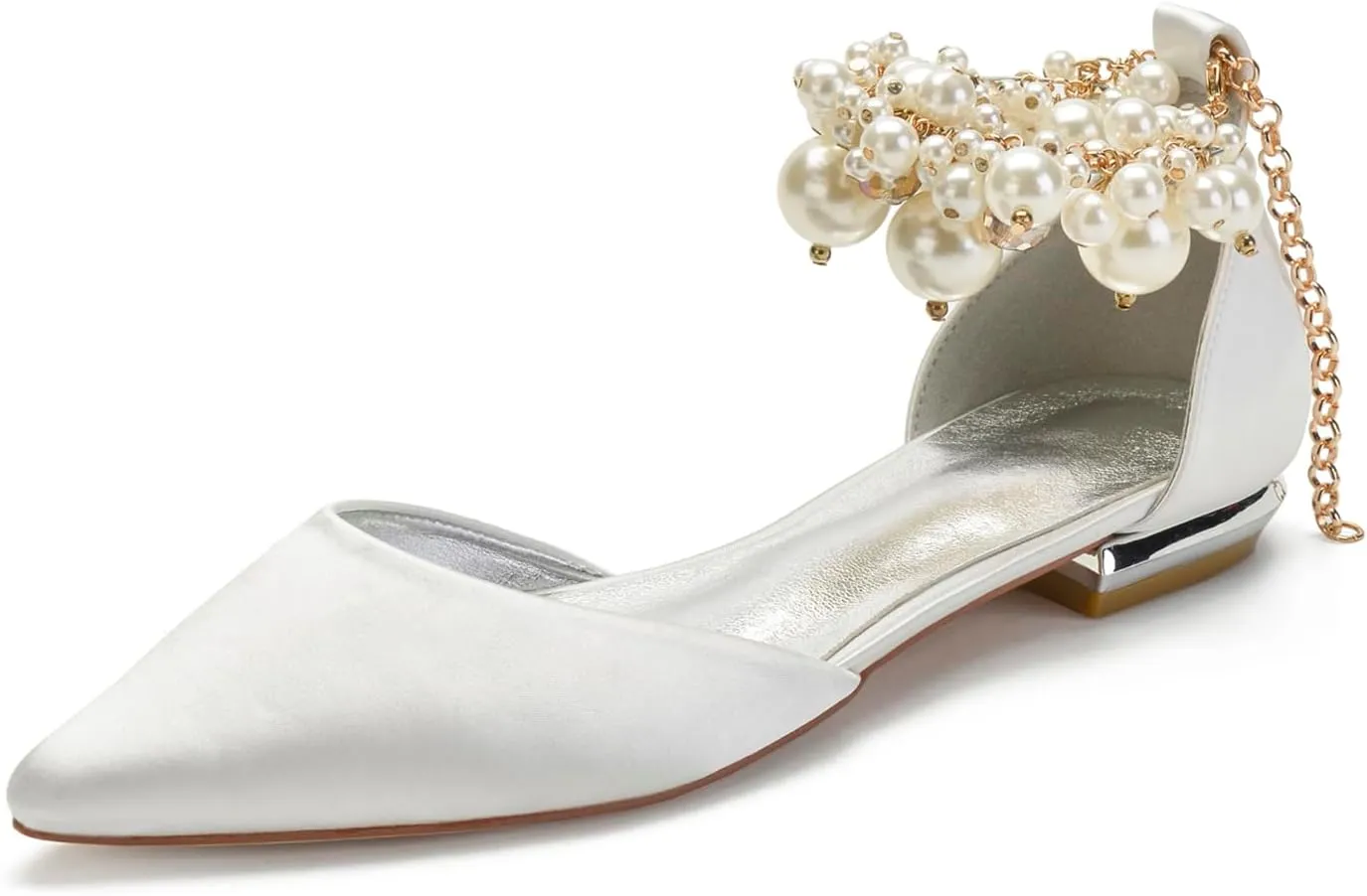 Wedding Bridal Shoes Beaded Ankle Strap Low Heels Women's Pumps Pointed Toe Closed Toe Sandal 2CM High Heels Satin Flats Elegant Formal,Ivory,8.5