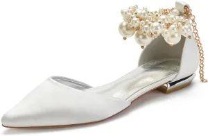 Wedding Bridal Shoes Beaded Ankle Strap Low Heels Women's Pumps Pointed Toe Closed Toe Sandal 2CM High Heels Satin Flats Elegant Formal,Ivory,8.5