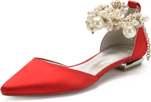 Wedding Bridal Shoes Beaded Ankle Strap Low Heels Women's Pumps Pointed Toe Closed Toe Sandal 2CM High Heels Satin Flats Elegant Formal,Red,11