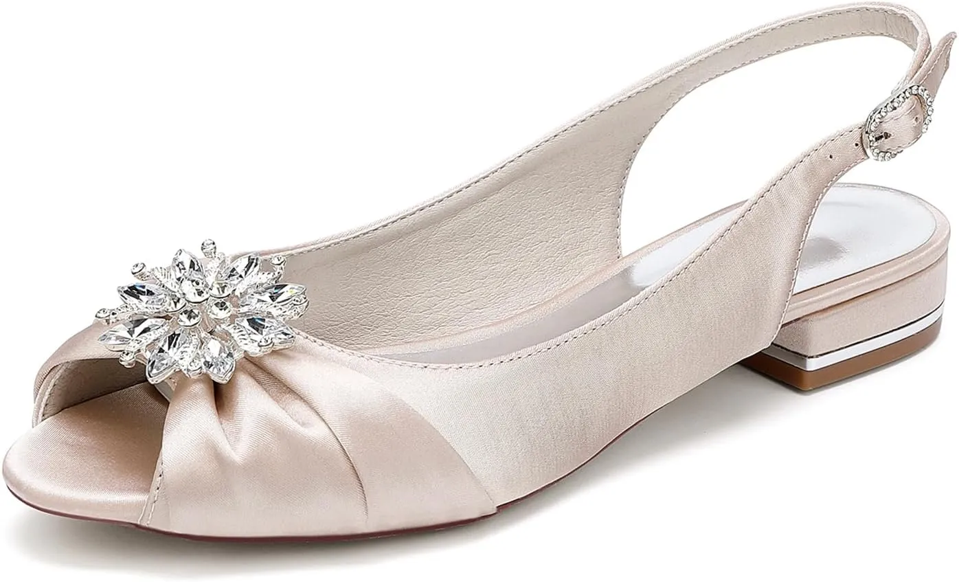 Wedding Dress Shoes Womens Slip on Low Heel Peep Toe Slingback Bridal Shoes Satin Flat Rhinestones Sandals with Pleated Evenging Party Work
