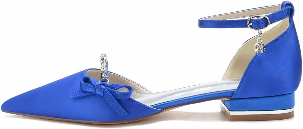 Wedding Shoes for Bride Satin Women Closed Toe Ballet Flats Evening Bridal Party Dress Flats Ankle Strap Buckle,Navy,9 US