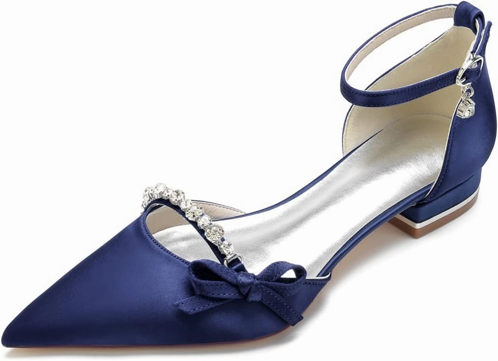 Wedding Shoes for Bride Satin Women Closed Toe Ballet Flats Evening Bridal Party Dress Flats Ankle Strap Buckle,Navy,9 US