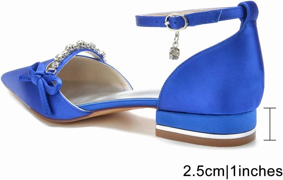 Wedding Shoes for Bride Satin Women Closed Toe Ballet Flats Evening Bridal Party Dress Flats Ankle Strap Buckle,Navy,9 US