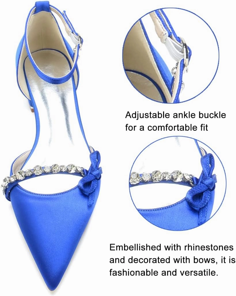 Wedding Shoes for Bride Satin Women Closed Toe Ballet Flats Evening Bridal Party Dress Flats Ankle Strap Buckle,Navy,9 US