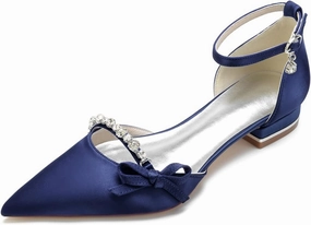 Wedding Shoes for Bride Satin Women Closed Toe Ballet Flats Evening Bridal Party Dress Flats Ankle Strap Buckle,Navy,9 US