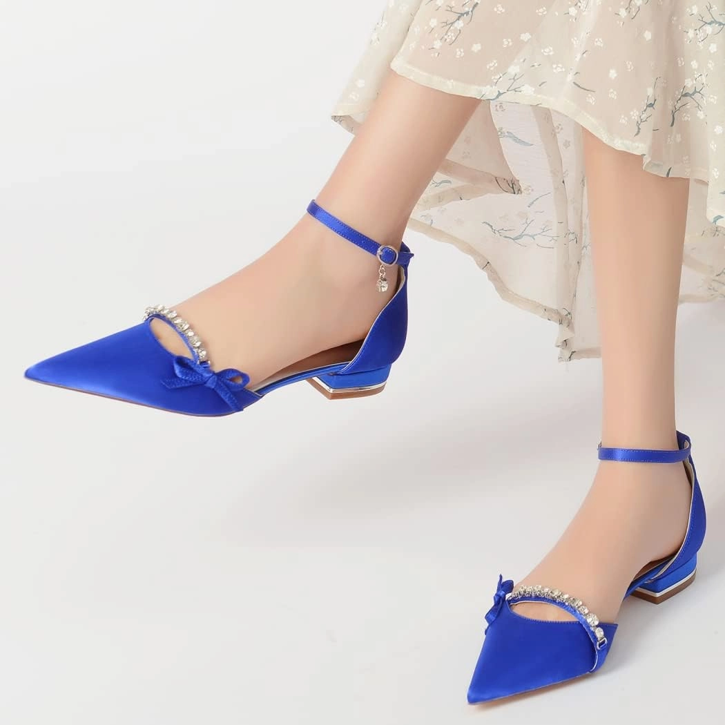Wedding Shoes for Bride Satin Women Closed Toe Ballet Flats Evening Bridal Party Dress Flats Ankle Strap Buckle,Navy,9 US