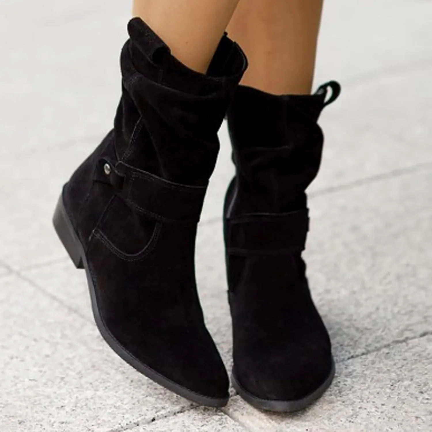 Western Cowboy Booties Side Zipper Wide Calf Ankle Boots Comfy Winter Fall Walking Hiking Travel Shoes with Buckle Strap Classic Pull On Tabs Stylish Suede Party Boots for Women