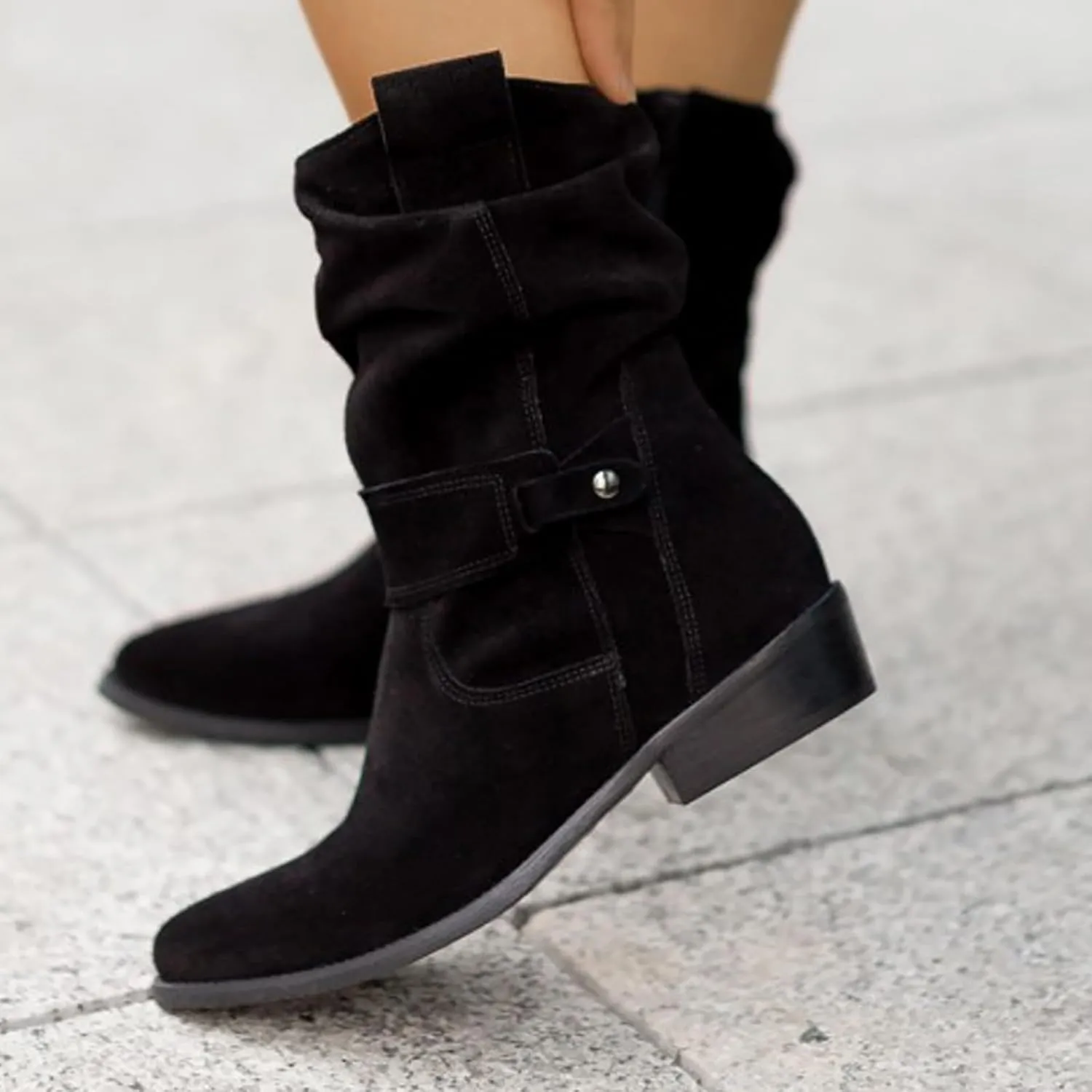 Western Cowboy Booties Side Zipper Wide Calf Ankle Boots Comfy Winter Fall Walking Hiking Travel Shoes with Buckle Strap Classic Pull On Tabs Stylish Suede Party Boots for Women