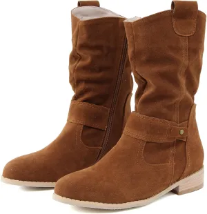 Western Cowboy Booties Side Zipper Wide Calf Ankle Boots Comfy Winter Fall Walking Hiking Travel Shoes with Buckle Strap Classic Pull On Tabs Stylish Suede Party Boots for Women