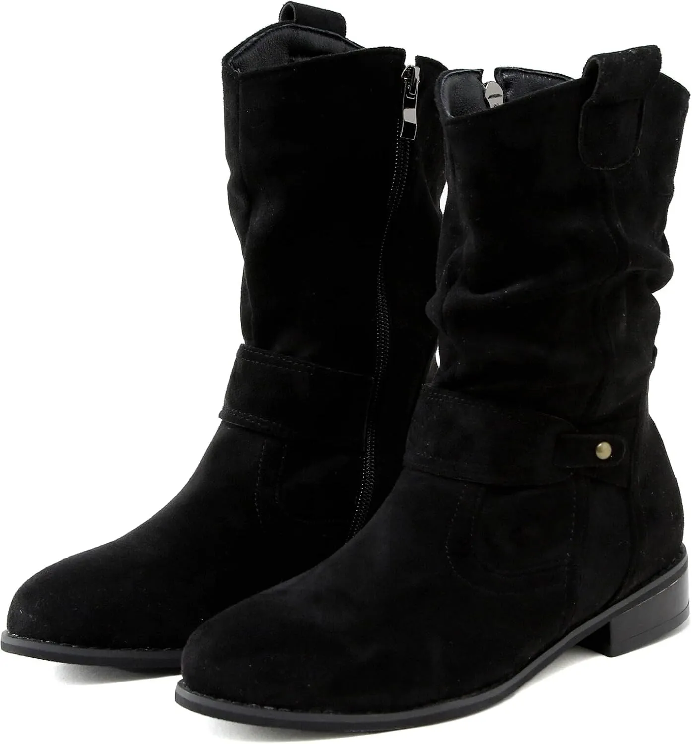 Western Cowboy Booties Side Zipper Wide Calf Ankle Boots Comfy Winter Fall Walking Hiking Travel Shoes with Buckle Strap Classic Pull On Tabs Stylish Suede Party Boots for Women