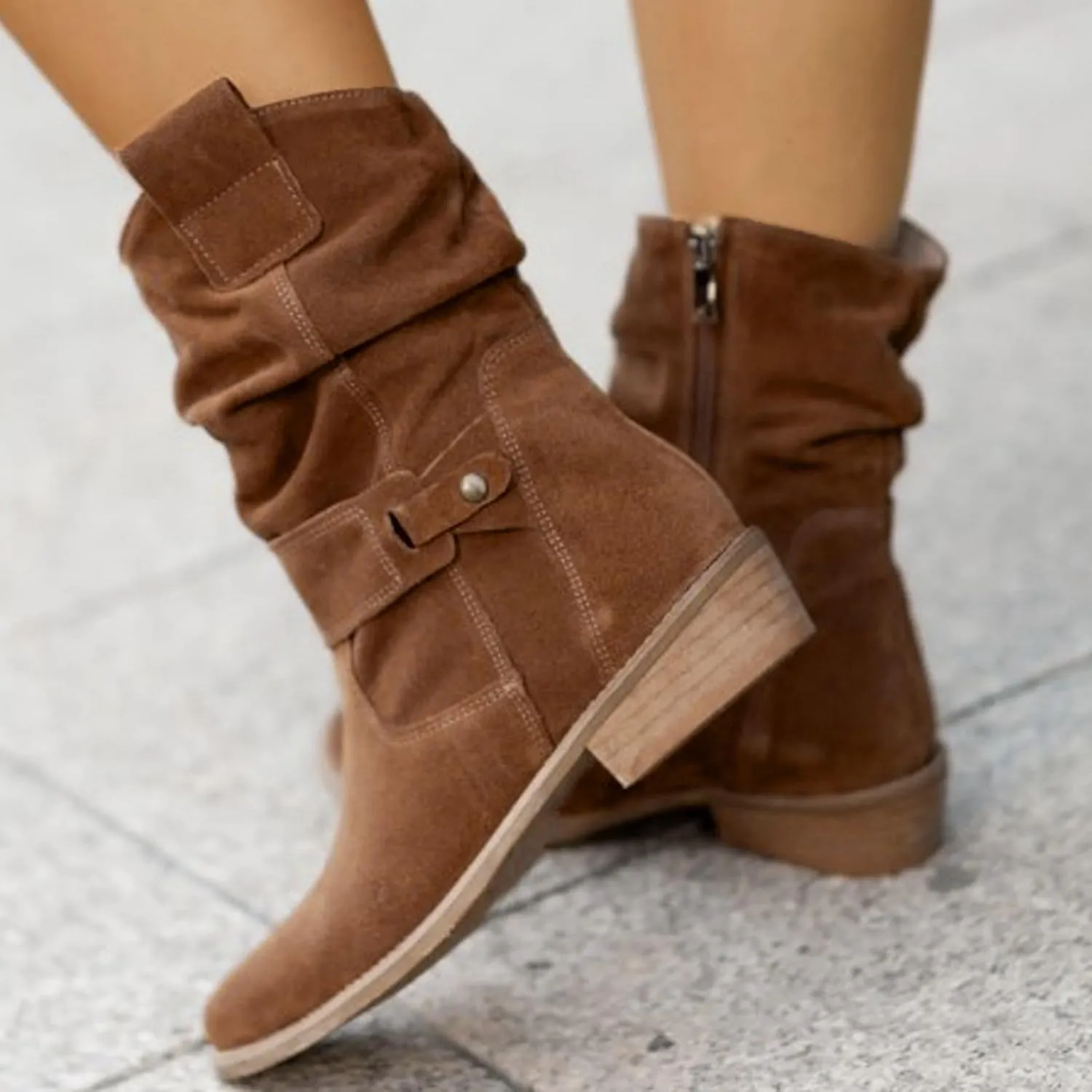 Western Cowboy Booties Side Zipper Wide Calf Ankle Boots Comfy Winter Fall Walking Hiking Travel Shoes with Buckle Strap Classic Pull On Tabs Stylish Suede Party Boots for Women