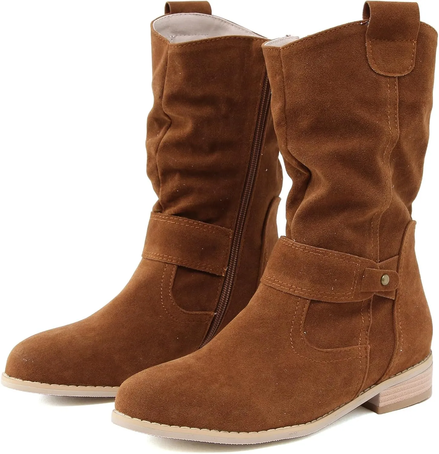 Western Cowboy Booties Side Zipper Wide Calf Ankle Boots Comfy Winter Fall Walking Hiking Travel Shoes with Buckle Strap Classic Pull On Tabs Stylish Suede Party Boots for Women