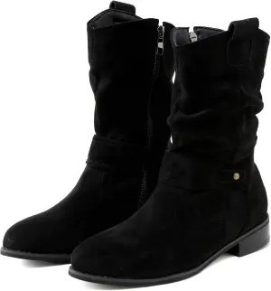 Western Cowboy Booties Side Zipper Wide Calf Ankle Boots Comfy Winter Fall Walking Hiking Travel Shoes with Buckle Strap Classic Pull On Tabs Stylish Suede Party Boots for Women
