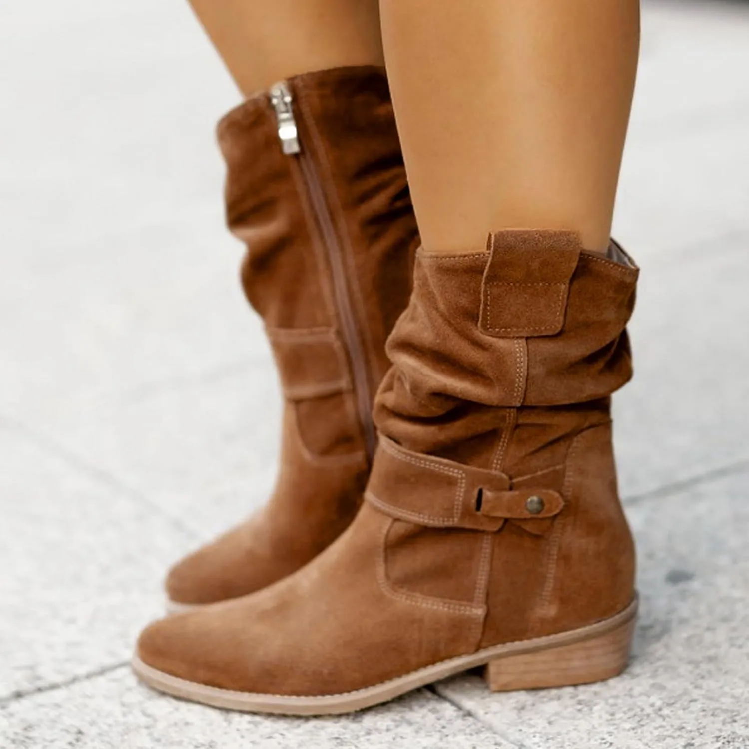 Western Cowboy Booties Side Zipper Wide Calf Ankle Boots Comfy Winter Fall Walking Hiking Travel Shoes with Buckle Strap Classic Pull On Tabs Stylish Suede Party Boots for Women