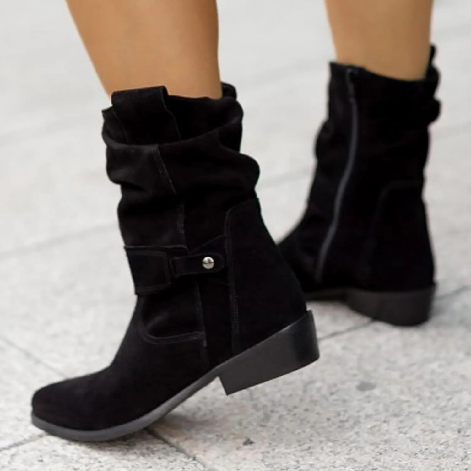 Western Cowboy Booties Side Zipper Wide Calf Ankle Boots Comfy Winter Fall Walking Hiking Travel Shoes with Buckle Strap Classic Pull On Tabs Stylish Suede Party Boots for Women