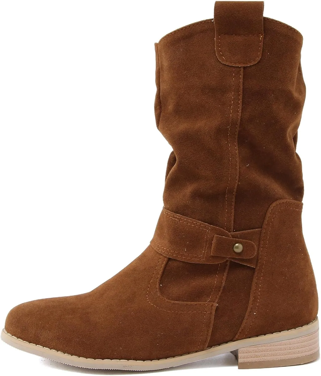 Western Cowboy Booties Side Zipper Wide Calf Ankle Boots Comfy Winter Fall Walking Hiking Travel Shoes with Buckle Strap Classic Pull On Tabs Stylish Suede Party Boots for Women
