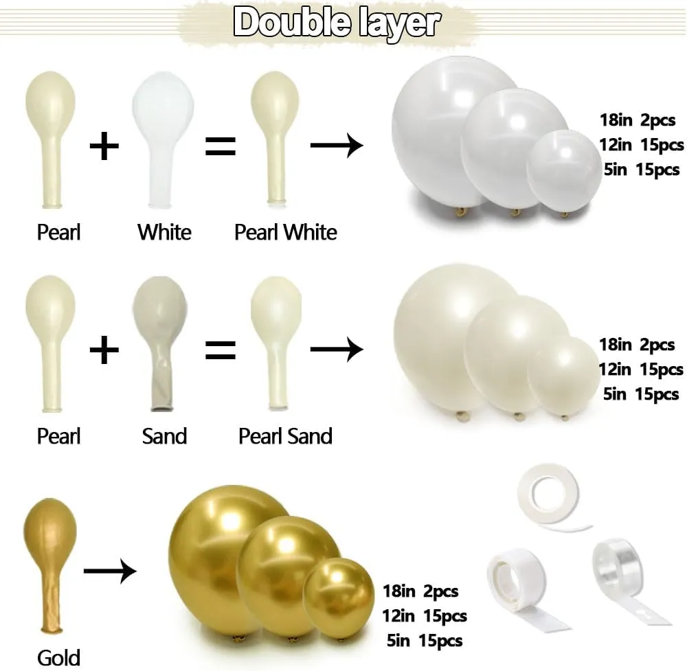 White and Gold Balloon Garland - Double Stuffed Pearl Sand White Gold Balloons Arch Kit 5 12 18 inch for Birthday Graduation Bar Mitzvah Bachelorette Wedding Baby Shower Party Decoration