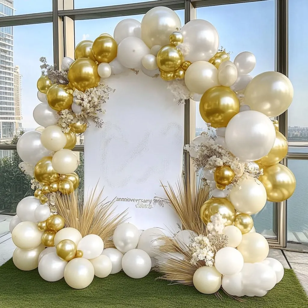White and Gold Balloon Garland - Double Stuffed Pearl Sand White Gold Balloons Arch Kit 5 12 18 inch for Birthday Graduation Bar Mitzvah Bachelorette Wedding Baby Shower Party Decoration