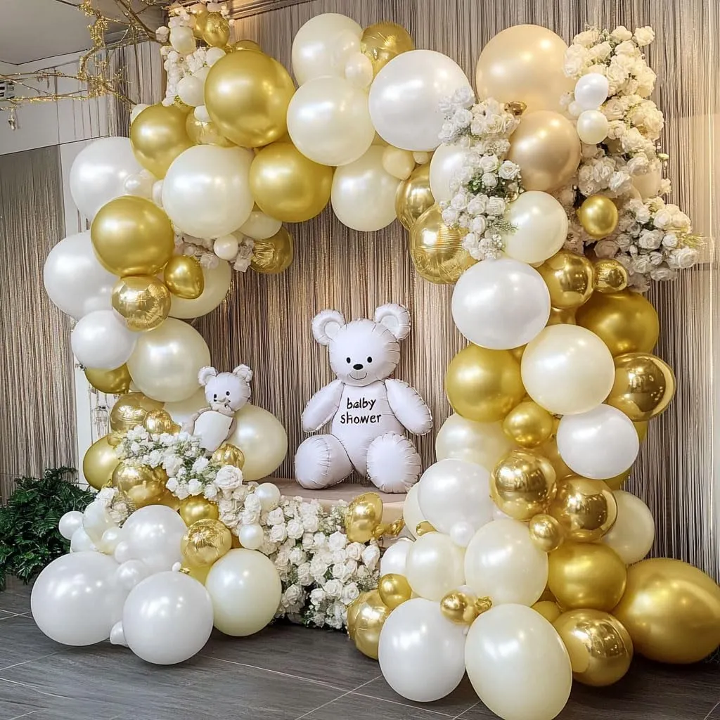 White and Gold Balloon Garland - Double Stuffed Pearl Sand White Gold Balloons Arch Kit 5 12 18 inch for Birthday Graduation Bar Mitzvah Bachelorette Wedding Baby Shower Party Decoration