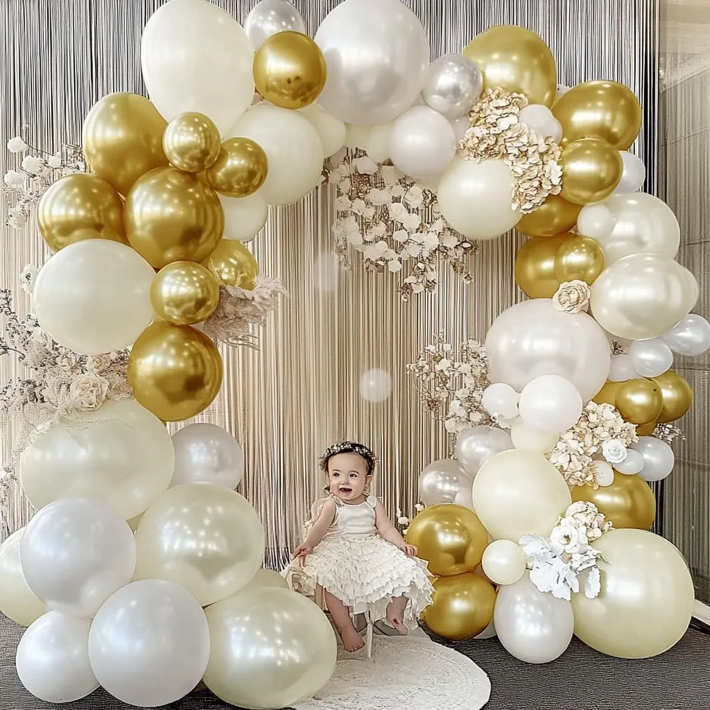 White and Gold Balloon Garland - Double Stuffed Pearl Sand White Gold Balloons Arch Kit 5 12 18 inch for Birthday Graduation Bar Mitzvah Bachelorette Wedding Baby Shower Party Decoration