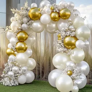 White and Gold Balloon Garland - Double Stuffed Pearl Sand White Gold Balloons Arch Kit 5 12 18 inch for Birthday Graduation Bar Mitzvah Bachelorette Wedding Baby Shower Party Decoration
