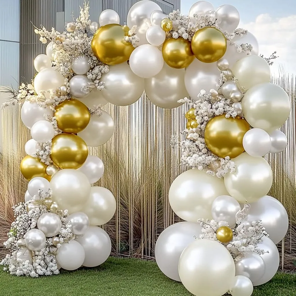 White and Gold Balloon Garland - Double Stuffed Pearl Sand White Gold Balloons Arch Kit 5 12 18 inch for Birthday Graduation Bar Mitzvah Bachelorette Wedding Baby Shower Party Decoration