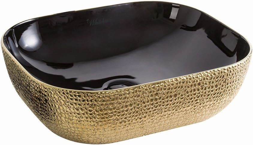Whitehaus Isabella Plus Collection Rectangular Above Mount Basin with Embossed Exterior, Smooth Interior, Center Drain; No faucet hole; Color: Black/Gold