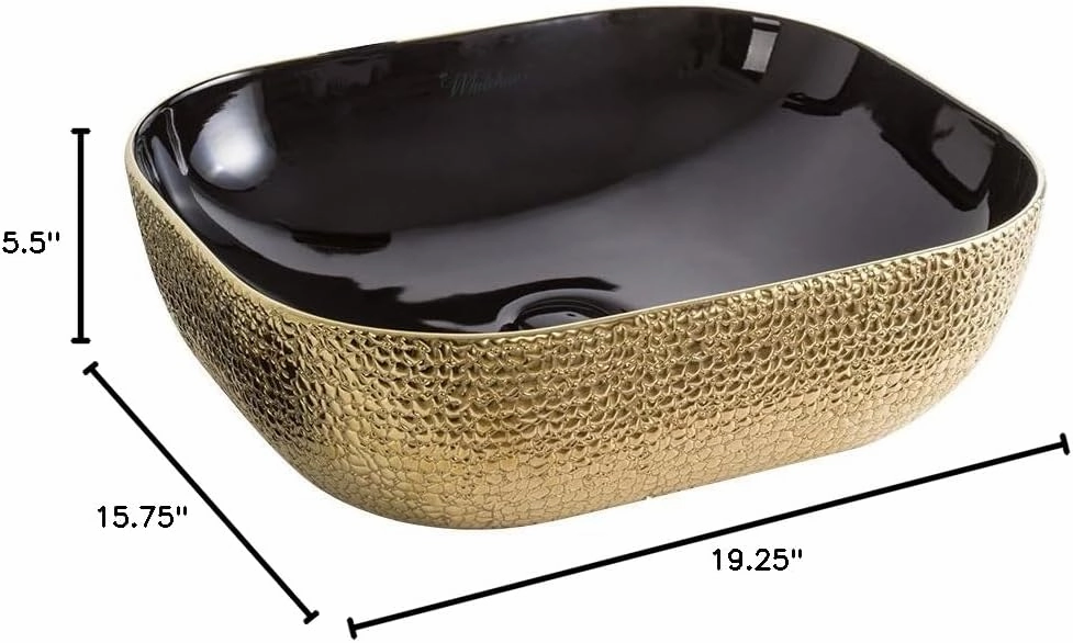 Whitehaus Isabella Plus Collection Rectangular Above Mount Basin with Embossed Exterior, Smooth Interior, Center Drain; No faucet hole; Color: Black/Gold