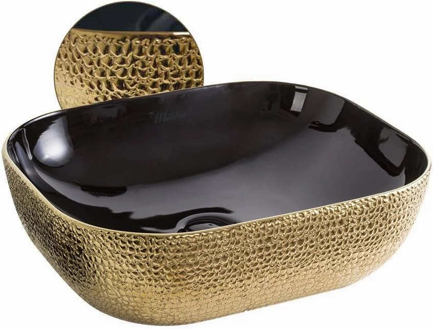 Whitehaus Isabella Plus Collection Rectangular Above Mount Basin with Embossed Exterior, Smooth Interior, Center Drain; No faucet hole; Color: Black/Gold