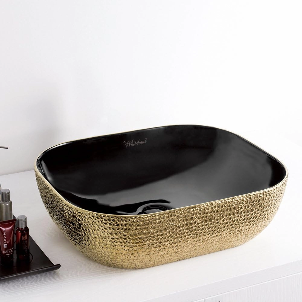 Whitehaus Isabella Plus Collection Rectangular Above Mount Basin with Embossed Exterior, Smooth Interior, Center Drain; No faucet hole; Color: Black/Gold