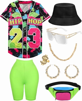 WILDPARTY 80s 90s Outfit for Women Baseball Jersey Shirt Shorts Fanny Pack Retro Party Costume Repper Accessories