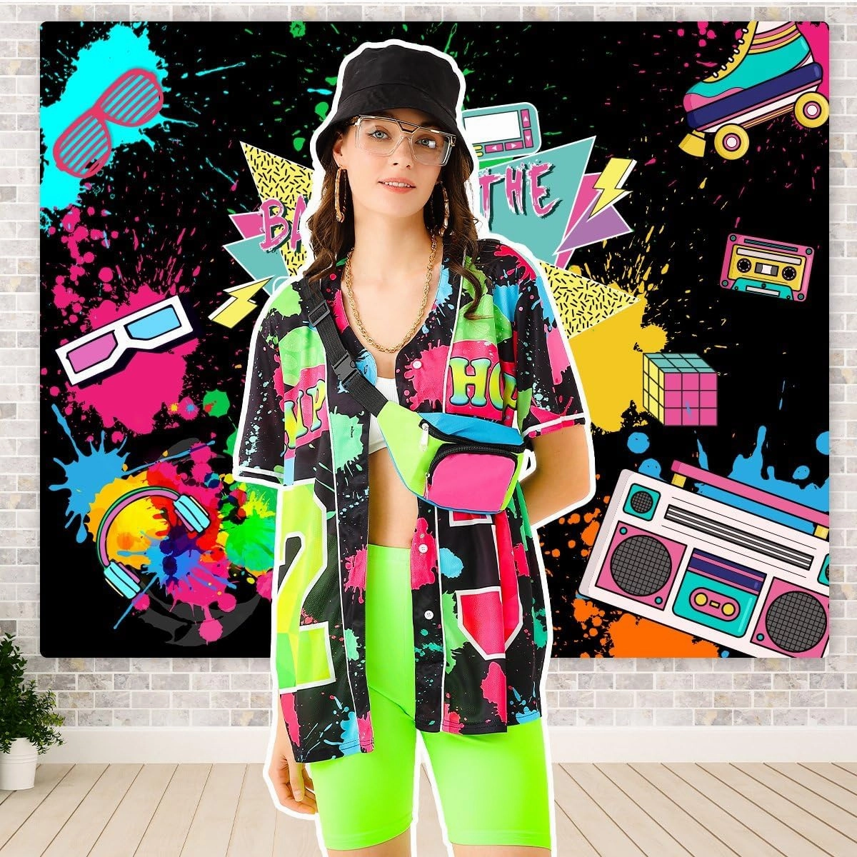 WILDPARTY 80s 90s Outfit for Women Baseball Jersey Shirt Shorts Fanny Pack Retro Party Costume Repper Accessories