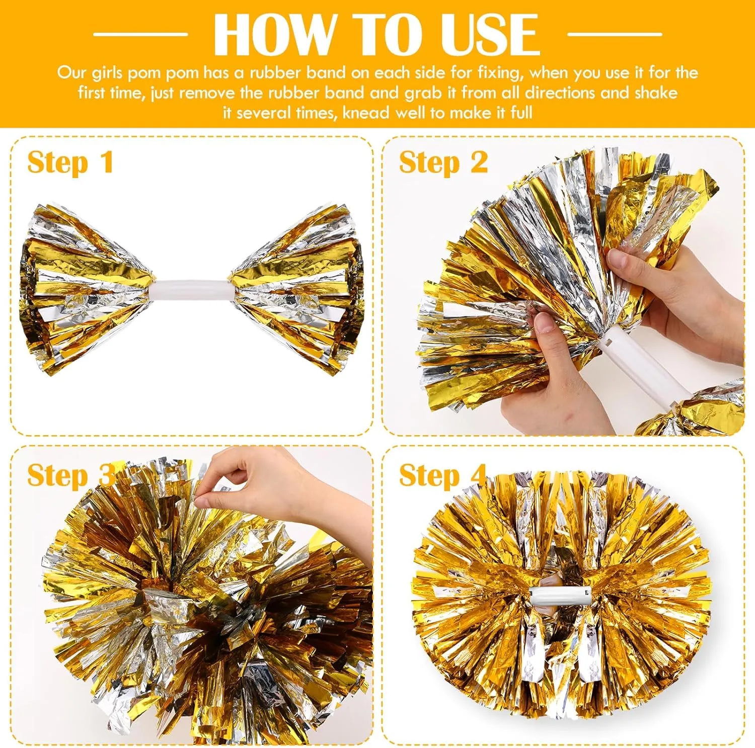WILLBOND 12 Pack Cheerleading Pom Poms with Baton Handle Plastic Ring Metallic Foil Cheerleader Pompoms for Adult Team Squad Dance Sports Party 2025 Soccer(Gold and Silver,Medium)