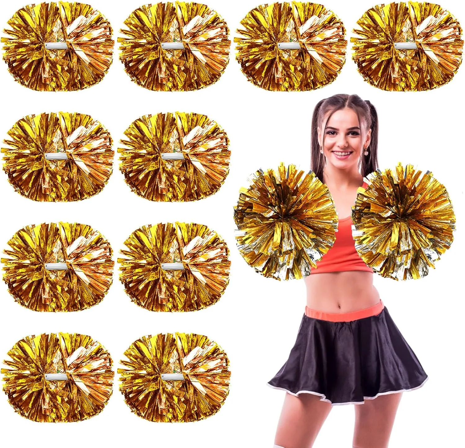 WILLBOND 12 Pack Cheerleading Pom Poms with Baton Handle Plastic Ring Metallic Foil Cheerleader Pompoms for Adult Team Squad Dance Sports Party 2025 Soccer(Gold and Silver,Medium)
