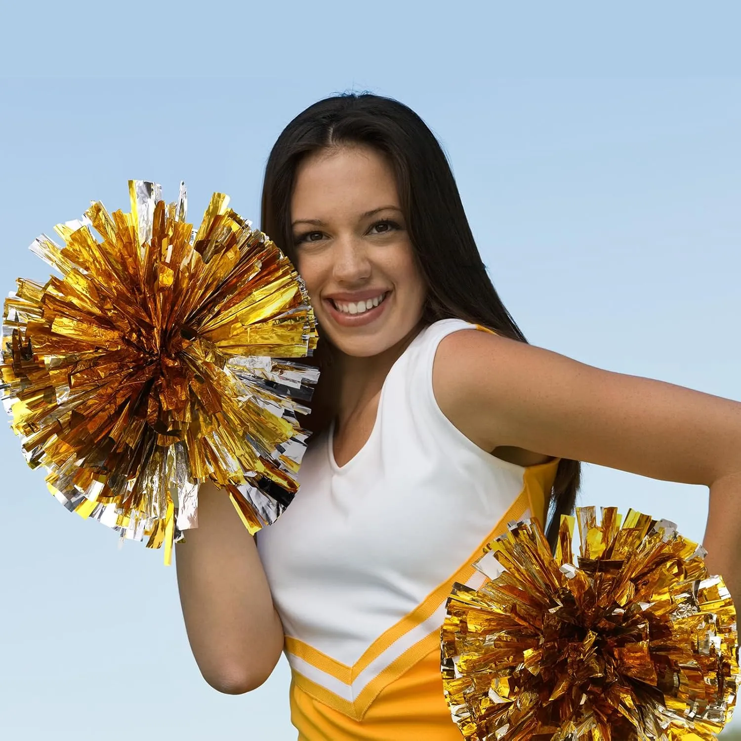 WILLBOND 12 Pack Cheerleading Pom Poms with Baton Handle Plastic Ring Metallic Foil Cheerleader Pompoms for Adult Team Squad Dance Sports Party 2025 Soccer(Gold and Silver,Medium)