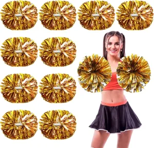 WILLBOND 12 Pack Cheerleading Pom Poms with Baton Handle Plastic Ring Metallic Foil Cheerleader Pompoms for Adult Team Squad Dance Sports Party 2025 Soccer(Gold and Silver,Medium)